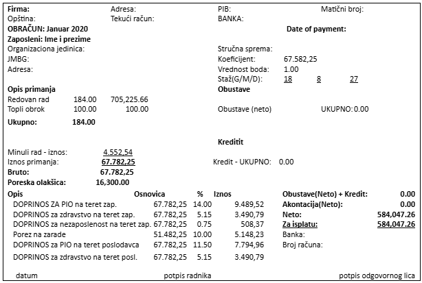 Serbian language version a payslip