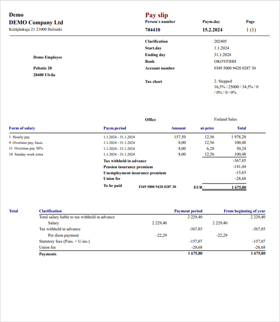 Finland Payslip Example - activpayroll