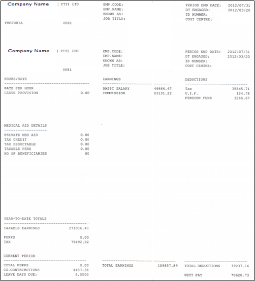 Example of a South African payslip