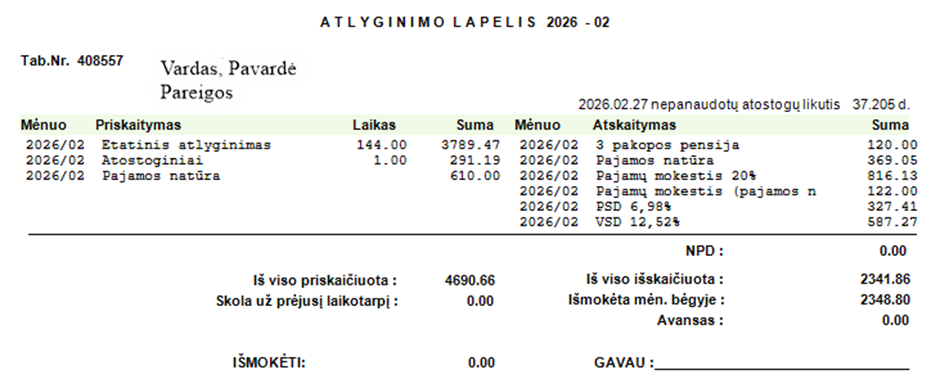 Exmaple of a Lithunian payslip