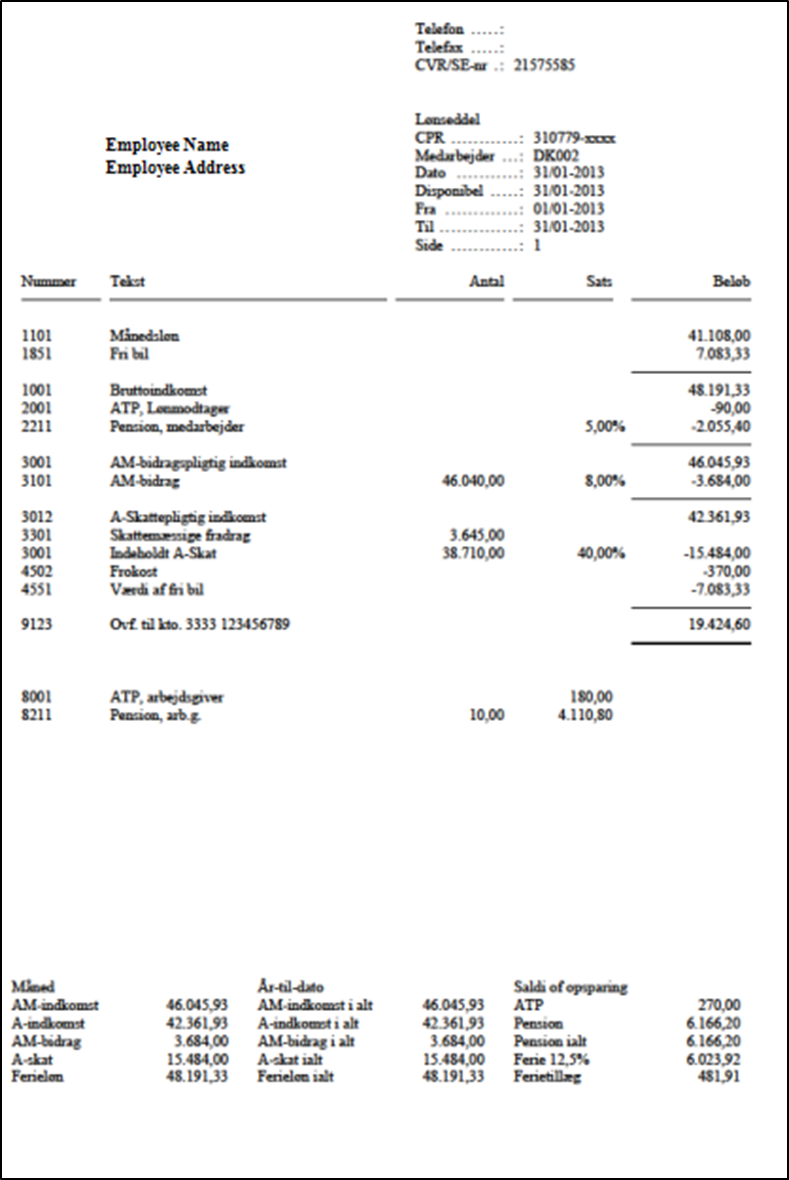 Example of a Danish payslip