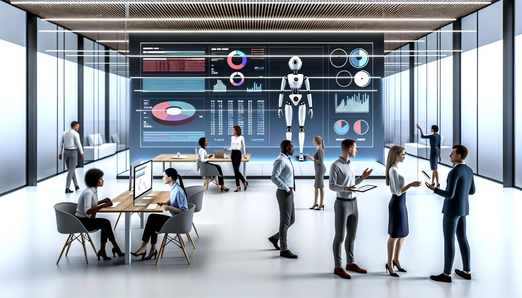 Illustrate a contemporary office setting filled with minimalist, futuristic furniture and state-of-the-art devices. There is a large, see-through disp