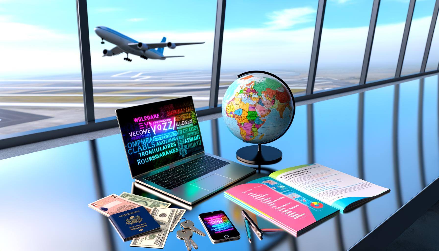 A detailed image revolves around a globe that"s strategically placed on a contemporary desk. The desk is arrayed with different global currencies and 